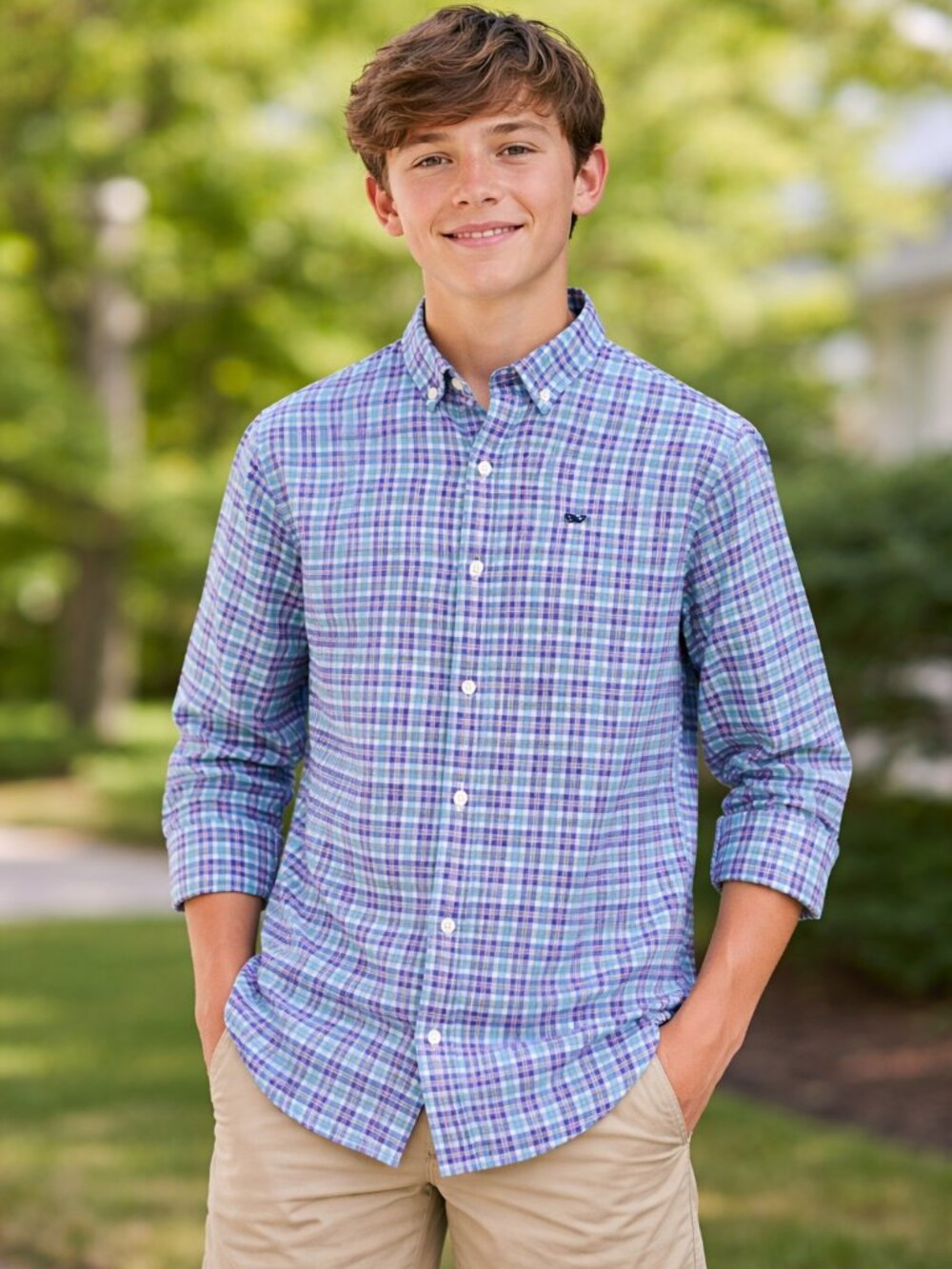 Vineyard Vines Boys Whale Shirt L 16 Cotton Blue Pink Plaid Long Sleeve Logo